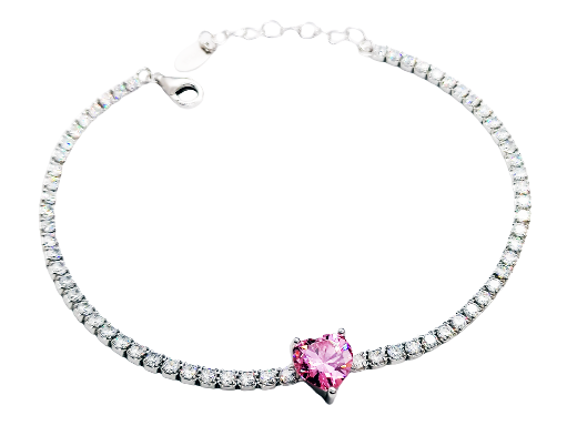 Bracciale Tennis In Argento Rodiato Cuore Rosa Con Zirconi Bianchi Brillanti