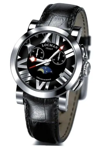 Locman Toscano CHRONO & MOON Orologio In Pelle Nero Con Fasi Lunari e Cronografo