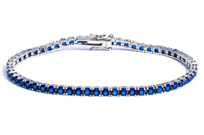 Bracciale Uomo Donna Tennis Argento 925 Rodiato Zirconi Blu Brillanti 3mm 18cm