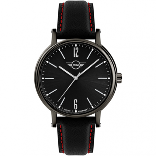 Orologio In Pelle MINI COOPER BMW Swiss Made Cinturino Nero Con Cuciture Rosse